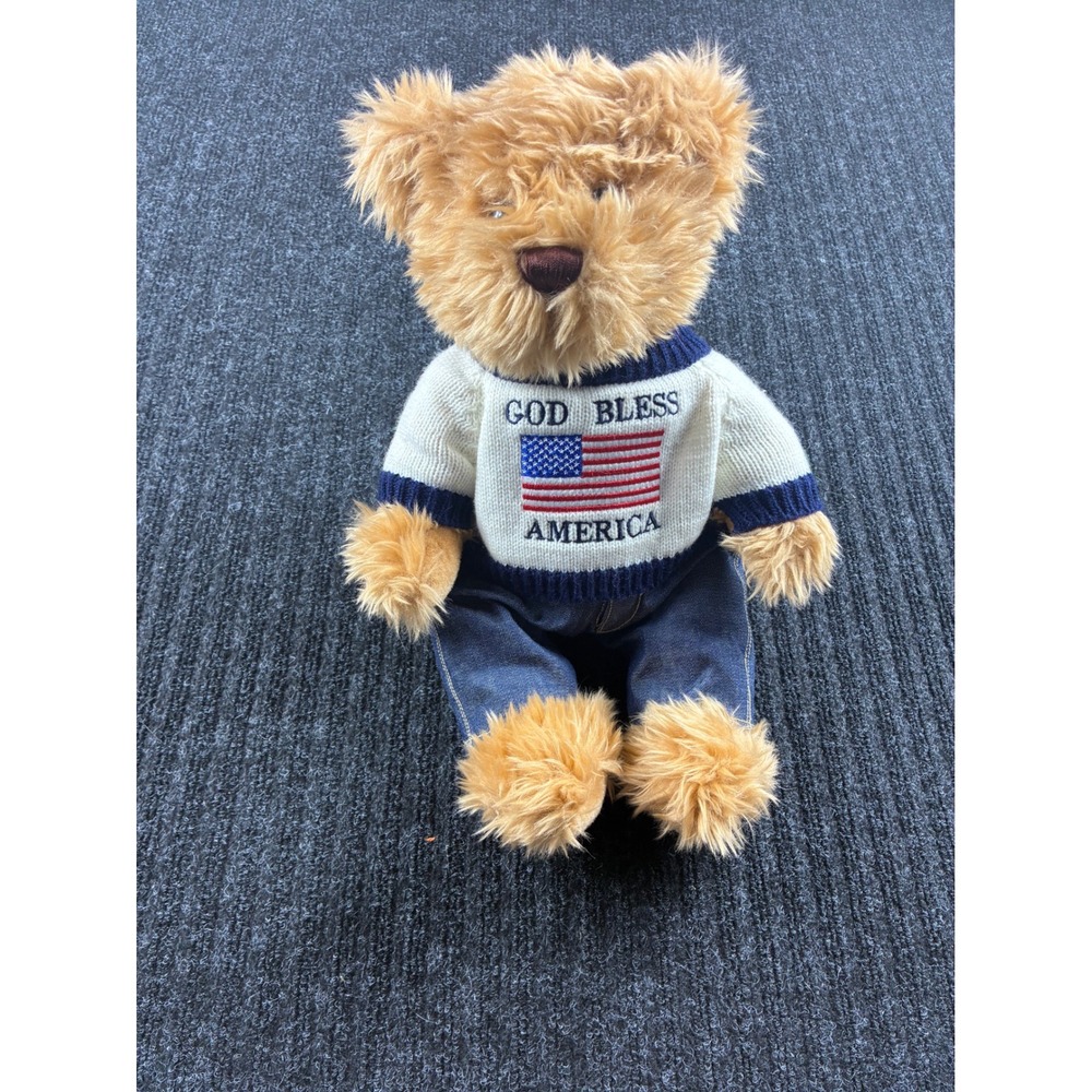 Patriotic Teddy Bear God Bless America Knit Sweater Denim Jeans Plush Toy